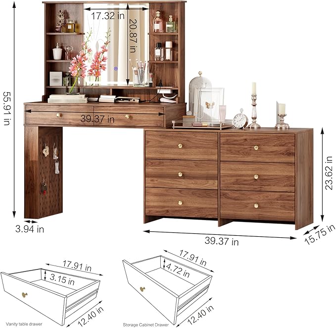 Large Makeup Vanity Desk with Mirror and Lights, Vanity Desk with 8 Drawers & - Image 3