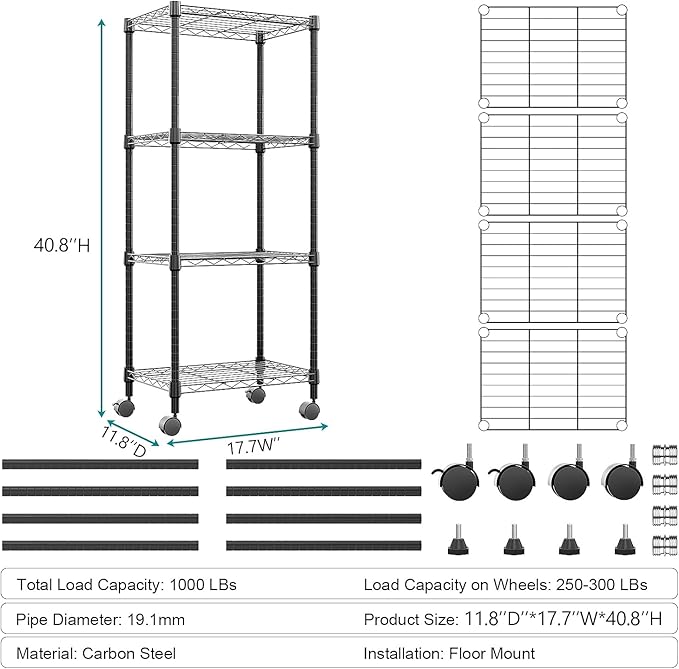 4-Shelf Adjustable Heavy Duty Steel Wire Rack, Adjustable Storage Shelving Unit - Image 3