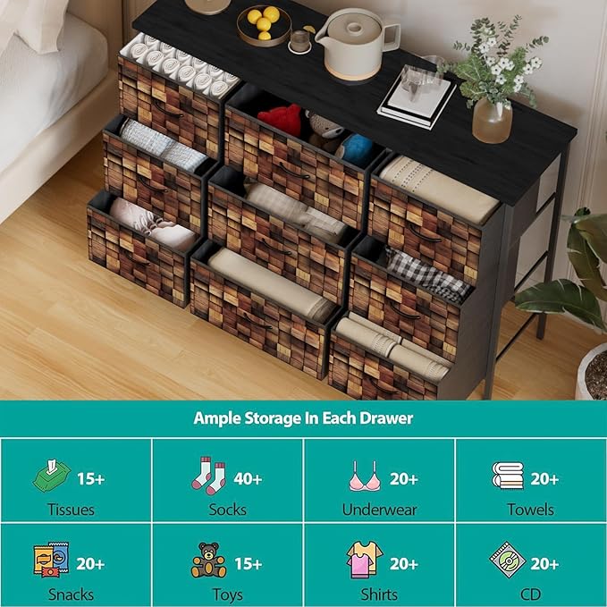 TV Stand with 9 Drawers, Chest of Drawers with Fabric Bins, Storage Organizer - Image 5