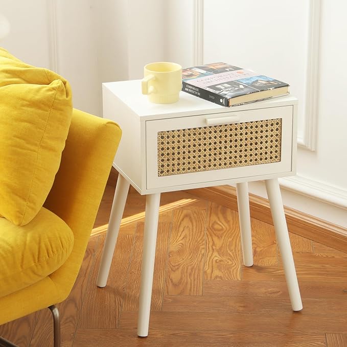 AWASEN White Rattan Nightstand, Modern Bedside Table - Image 6