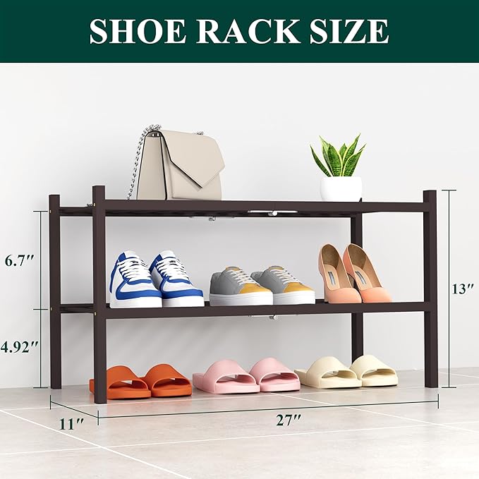 Smiry Shoe Rack, 2 Tier Thick Bamboo Shoe Organizer, Stackable Free Standing - Image 2