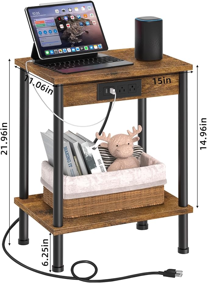 End Table with Charging Station, Small Side Table, 2-Tier Nightstand with - Image 2