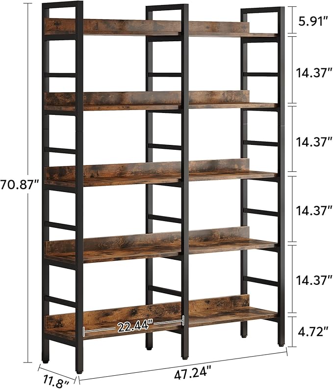 Tribesigns 5-Tier Industrial Bookshelf, 71”H x 47”W Etagere Bookcase, - Image 2