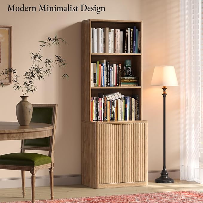 71" Oak Bookcase with Doors, 5-Tier Fluted Tall Bookshelf with Storage - Image 4