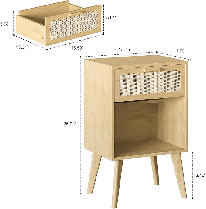 Rattan Nightstand with Opening Storage, Boho Bedside Table with Drawer - Image 3