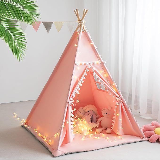 Teepee Tent for Kids with Mat, Star Lights, Carry Case, Cotton Canvas Playhouse by RONGFA