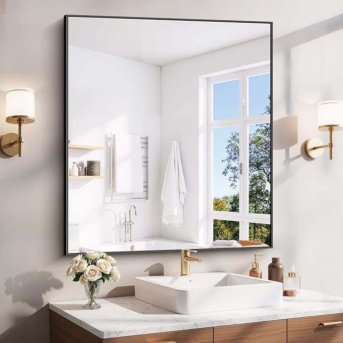 YIROMAN Bathroom Mirror for Wall 36"x40", Large Matte Black Bathroom Mirror by Unknown