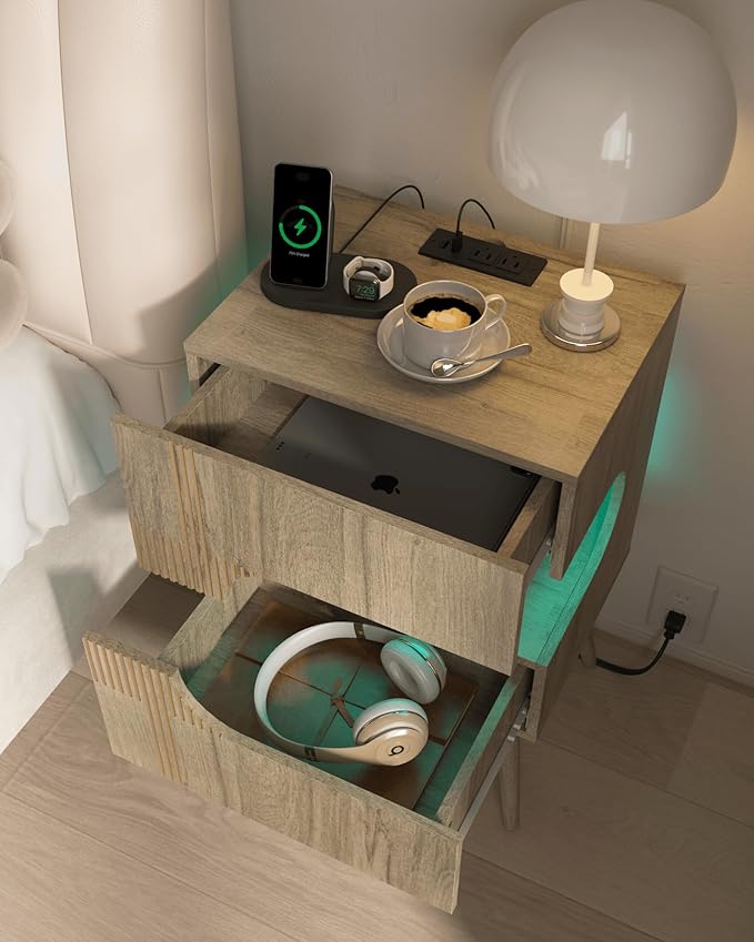 Nightstand with Charging Station and LED Lights, Modern Bedside Table with 2 - Image 8