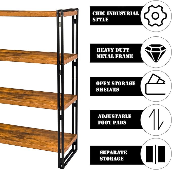 47" 4-Tier Bookshelf Rustic Wood and Metal Industrial Bookshelf - Image 4