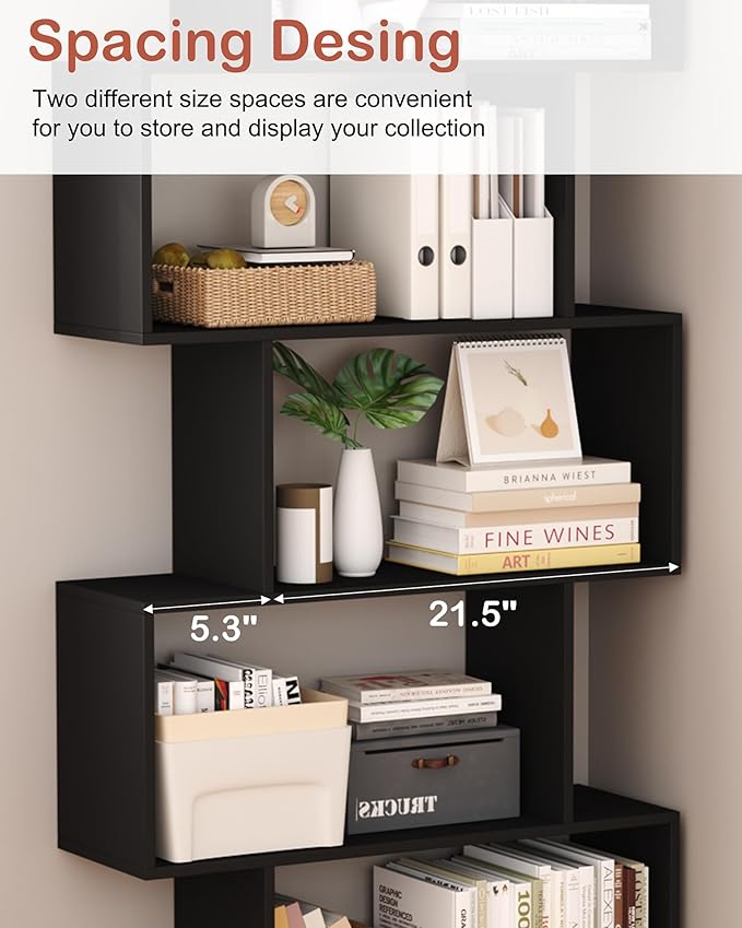 Yusong Bookshelf 5-Tier, Geometric Bookcase S Shaped Book Shelves - Image 7