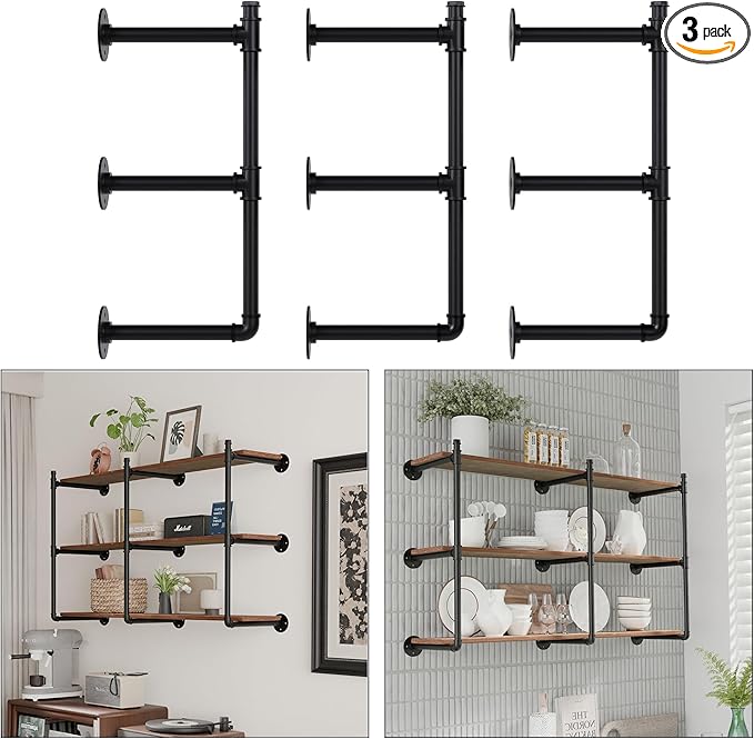 Industrial Pipe Shelf Brackets Wall Mount, Open Black Pipe Shelving by YCCO