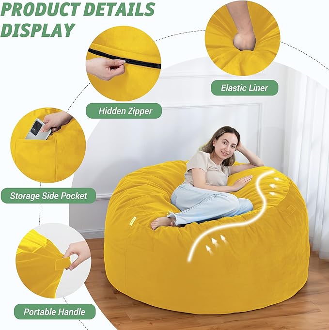 5FT Bean Bag Chair with Ultra Soft Velvet Cover Bean Bag Sofa with Memory Foam - Image 4