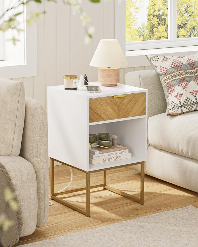Nightstand with Charging Station, Modern Night Stand Boho Farmhouse Wood - Image 5