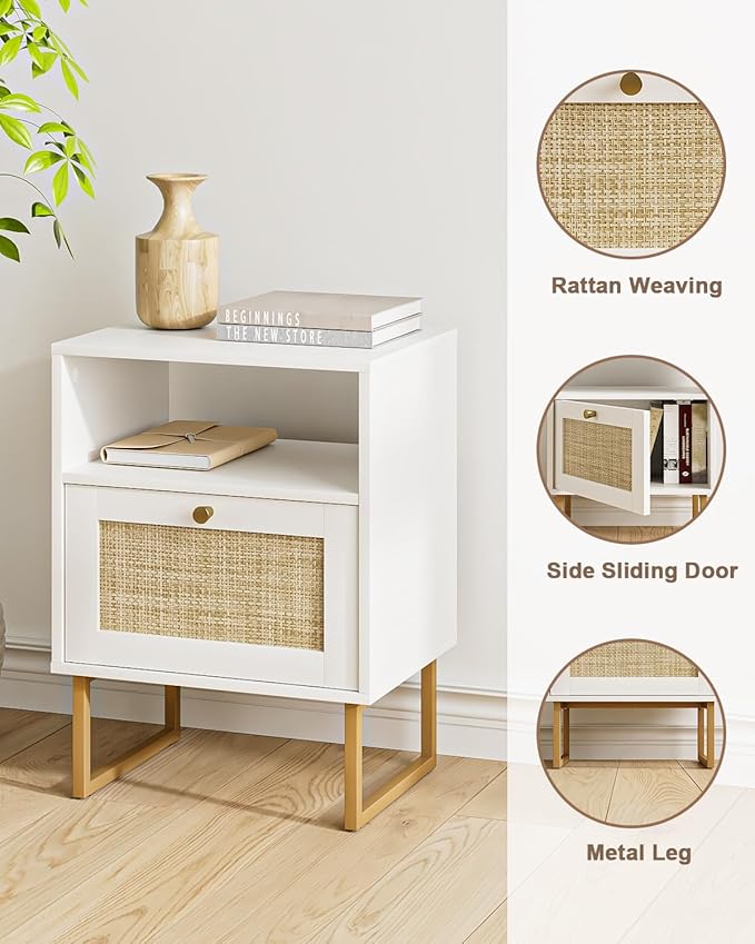 Rattan Nightstand, Boho Night Stand Farmhouse Wood Bedside Table - Image 4