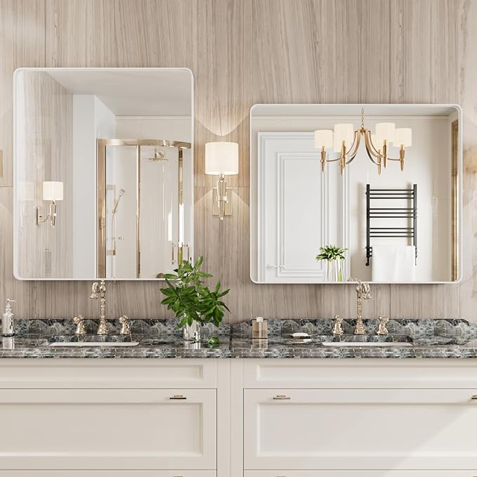 White Bathroom Mirror 30x36 Inch, Rounded Rectangle Matte Bathroom Vanity Mirror - Image 3