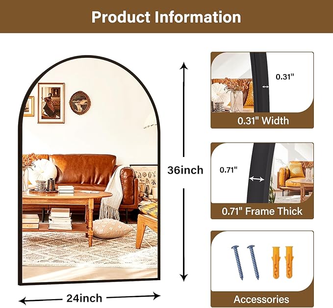 24"x36" Black Arched Bathroom Mirror - Image 4
