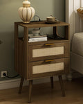 Rattan Nightstand with Charging Station, Modern Bedside Table with 2 Storage by Unknown