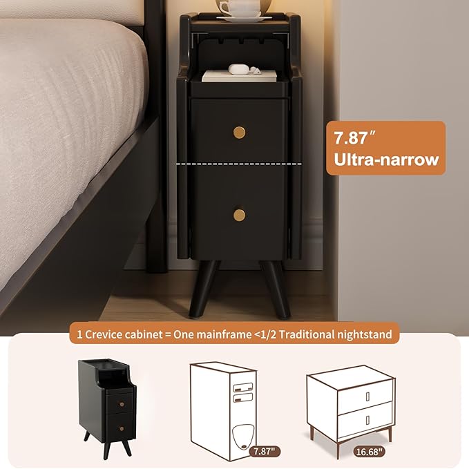 Small Nightstand with Drawers, Solid Wood Bedside Table, Narrow BlackNightstand - Image 4