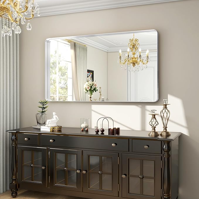 48 x 30 Inch Silver Bathroom Mirror, Rectangular Wall Mounted Shatterproof - Image 3