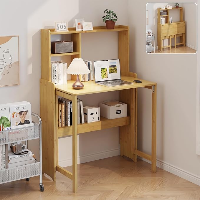 Bamboo Folding Desk with Storage Rack Mid Century Modern Desk by Unknown