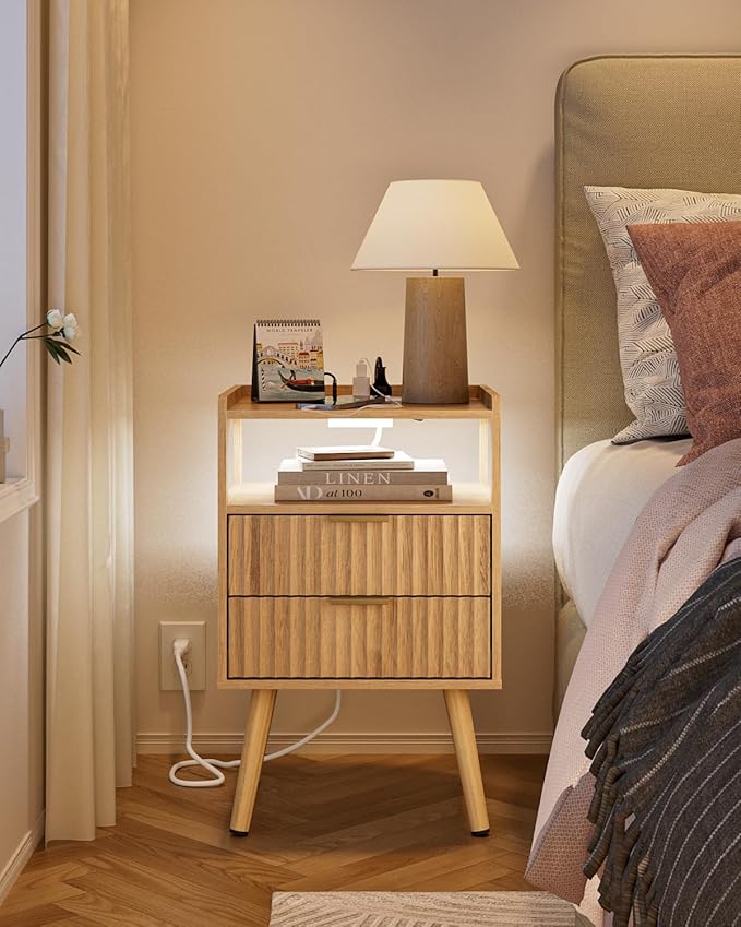Nightstand with Charging Station and LED Lights, Modern Bedside Table with - Image 7