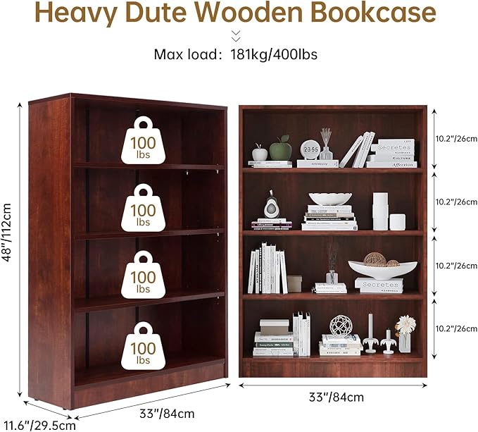 Wooden Bookcase with Adjustable Shelves, 4 Tier Wooden Bookshelf - Image 2