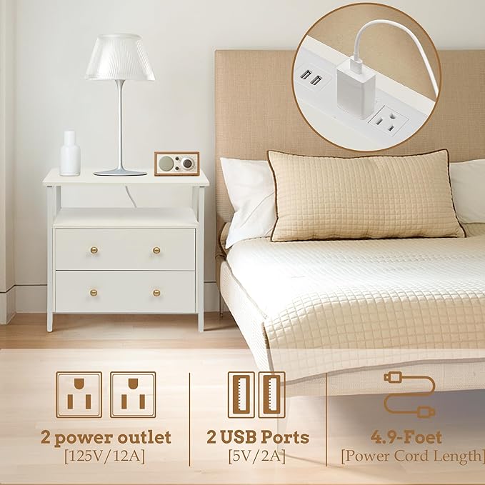 27 inch Wide Nightstand with Charging Station, Bedside Table with Open Shelf - Image 5
