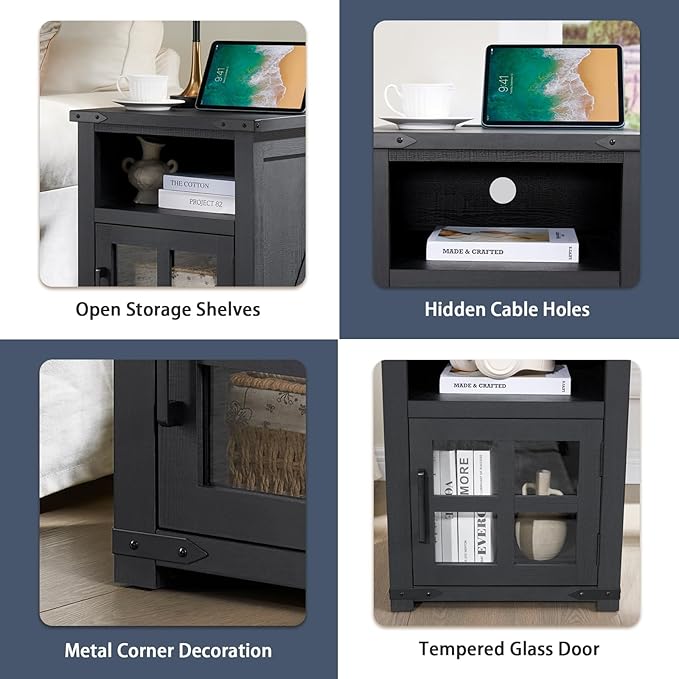Farmhouse Nightstand with Charging Station, Rustic End Table with Tempered - Image 7