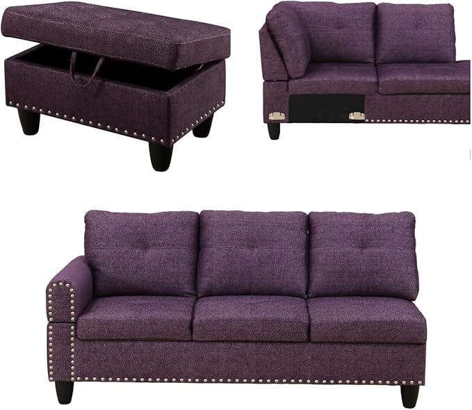 L Shaped Sectional Sofa with Ottoman, Nail-Head Design Linen Right Facing - Image 3