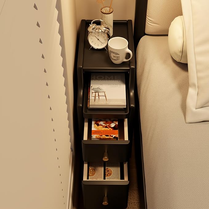 Small Nightstand with Drawers, Solid Wood Bedside Table, Narrow BlackNightstand - Image 7