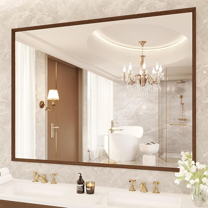 Bathroom Vanity Mirror 48x36 Inch, Walnut Rectangle Bathroom Mirror, 4MM by JISOSO