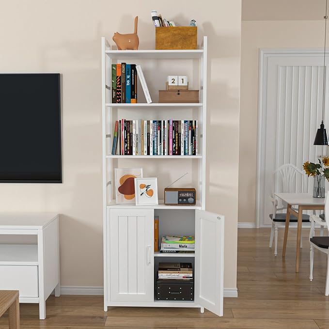 White Bookshelf with Doors, 6 Tier Book Shelf - Image 5