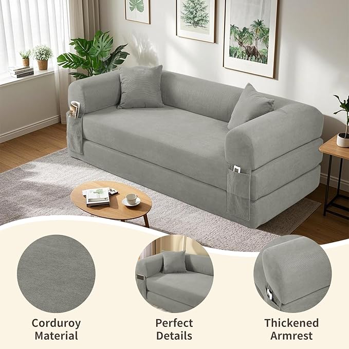 80" Convertible Sofa Bed, Corduroy Deep Seat Folding Pull Out Couch - Image 4