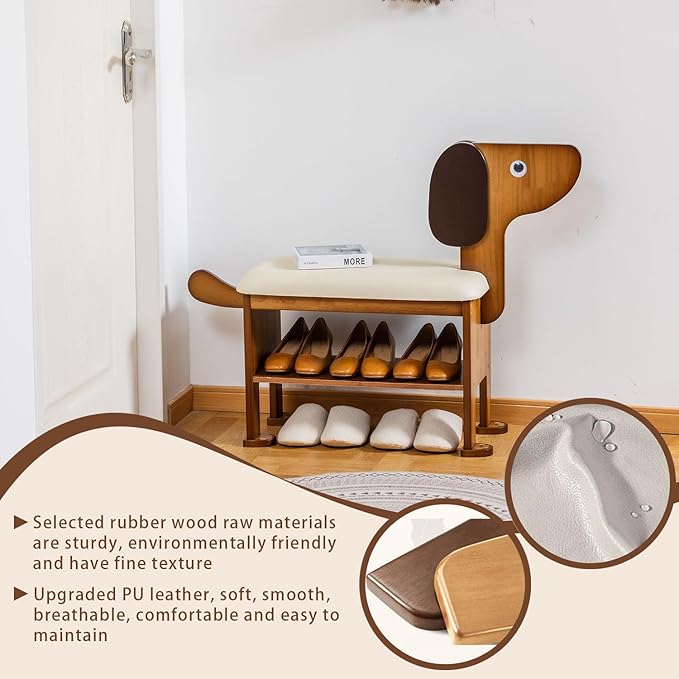 Shoe Bench – 2-Tier Wooden Entryway Organizer Cute Dog-Shaped - Image 4