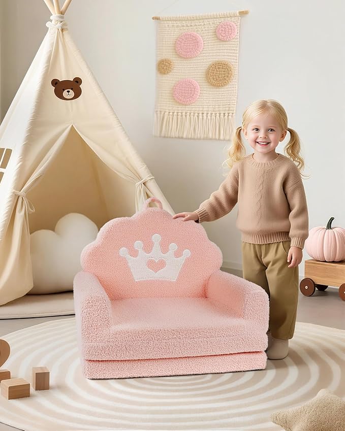 2-in-1 Kids Couch Fold Out, Soft Teddy Sherpa Toddler Couch - Image 2
