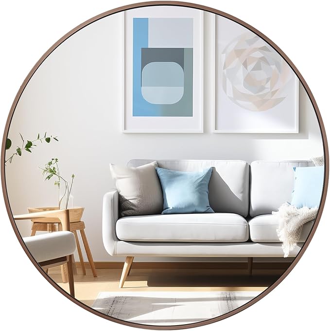 30 inch Circle Wall Mirror, Brushed Bronze Metal Framed Round Mirror by UMZODO