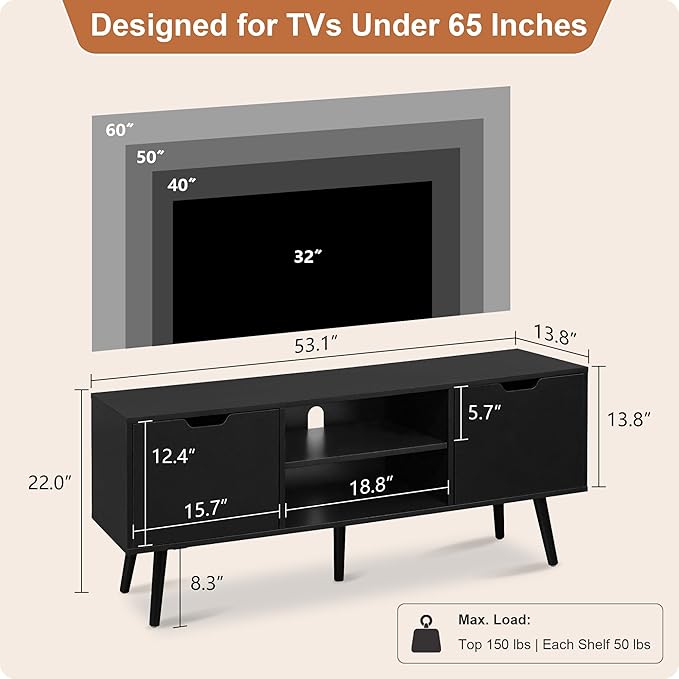 ALINE FURNITURE Black TV Stand for 50 55 60 inch TVs - Image 2
