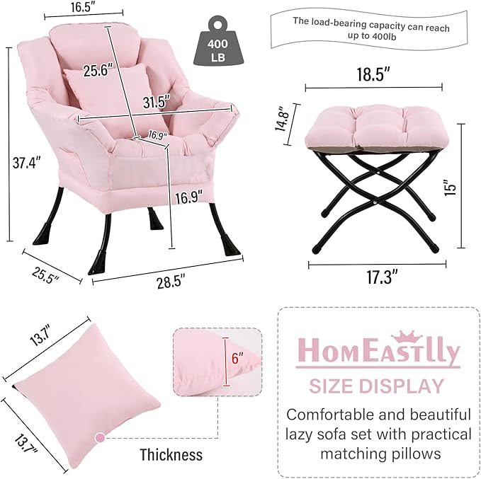 Large Lazy Chair with Ottoman, Accent Reading Chair with a Throw Pillow - Image 2