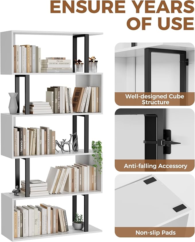 Gadroad 5 Tier Geometric Bookcase, S Shaped Bookshelf, Wood Decorative Storage - Image 6
