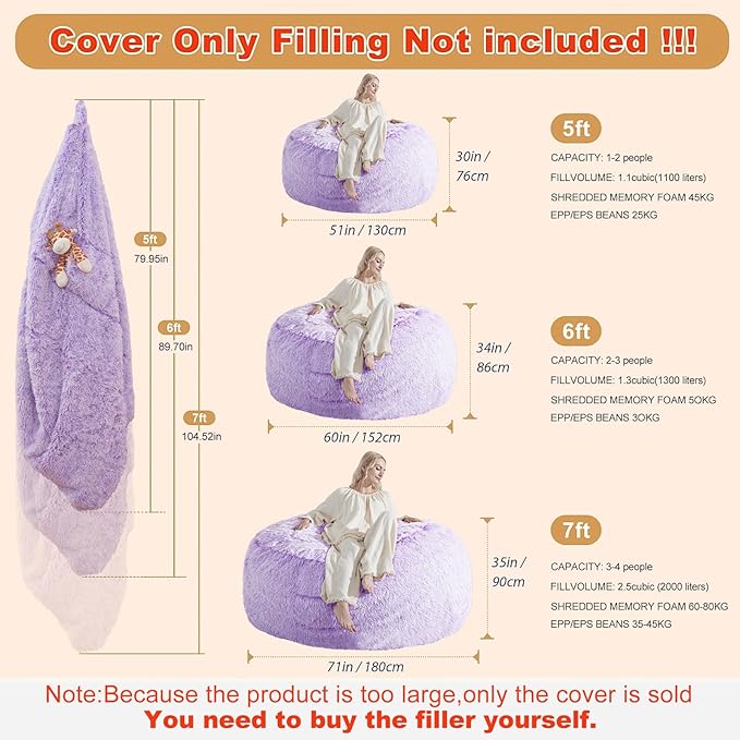 Huge Bean Bag Covers Only, Fluffy Stuffed Beanbag Chair Covers No Filler - Image 2