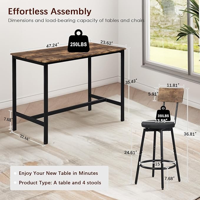 Tatub Bar Table and Chairs Set of 4, 5 Piece Counter Height High Breakfast - Image 7