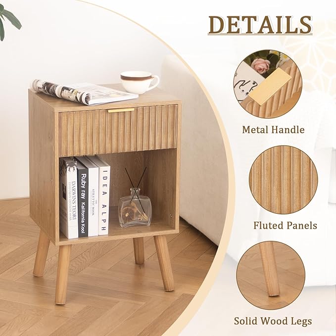 Night Stand with Drawer, Mid Century Nightstand with Storage, Modern Fluted - Image 5