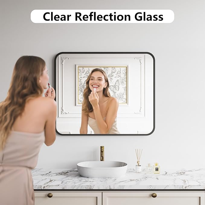 Koonmi Bathroom Mirror, 30X36 Inch Black Metal Framed Mirror - Image 2