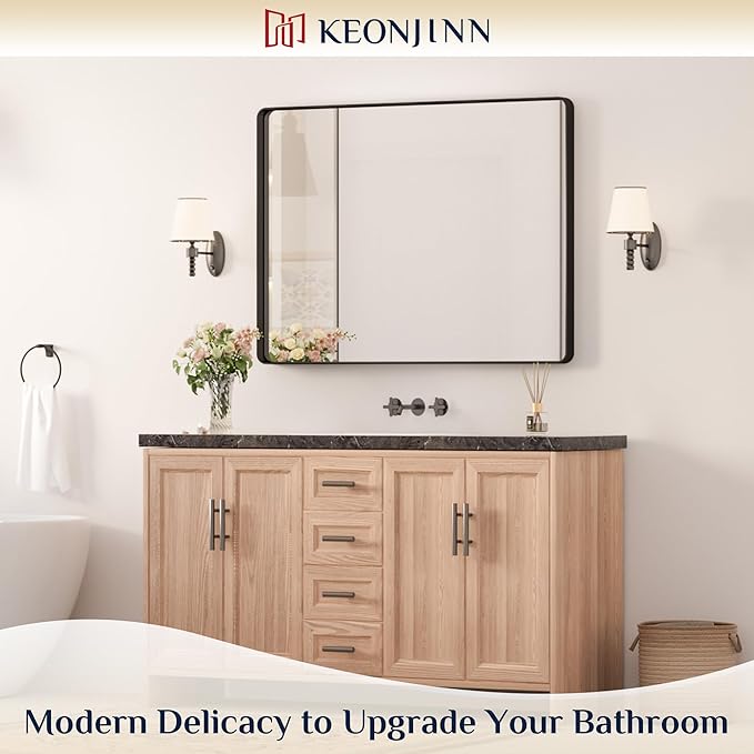 Keonjinn Black Framed Mirror for Bathroom 40 x 30 Inch Rounded Rectangle Wall - Image 2