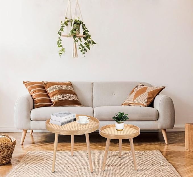 Round Coffee Table Set of 2, Natural Boho Side Table, Small Mid Century Modern - Image 6