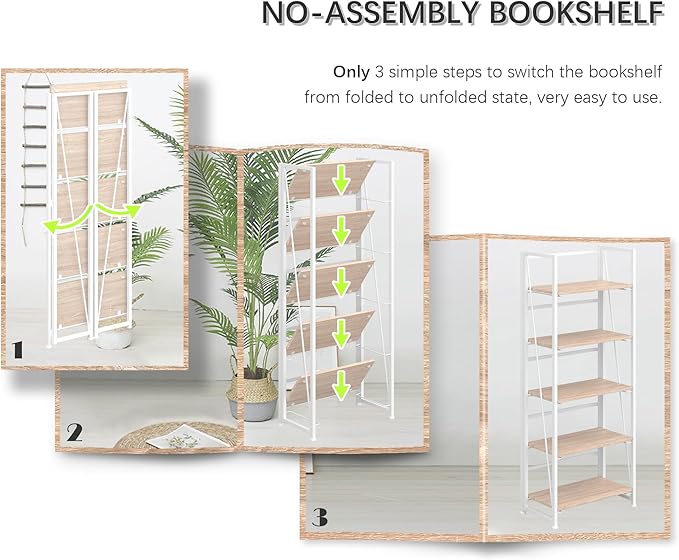 4NM No Assembly Folding Bookshelf, 5-Shelf 62.2" H Collapsible Foldable - Image 8