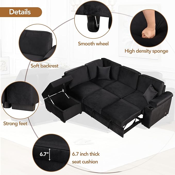 Ball & Cast 84" Convertible Sectional Sofa Bed, L-Shaped Sleeper Couch - Image 5