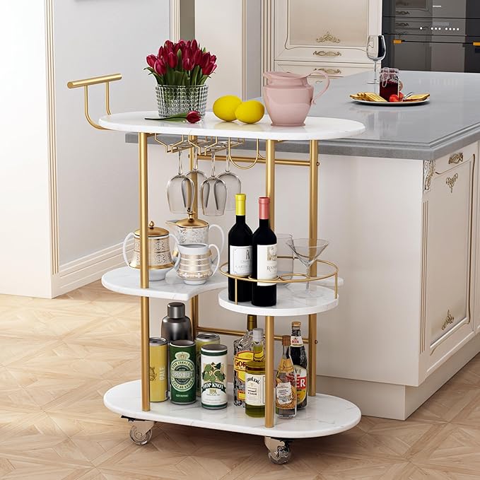 3 Tier Gold Bar Carts for Home Bar Serving Cart - Image 2