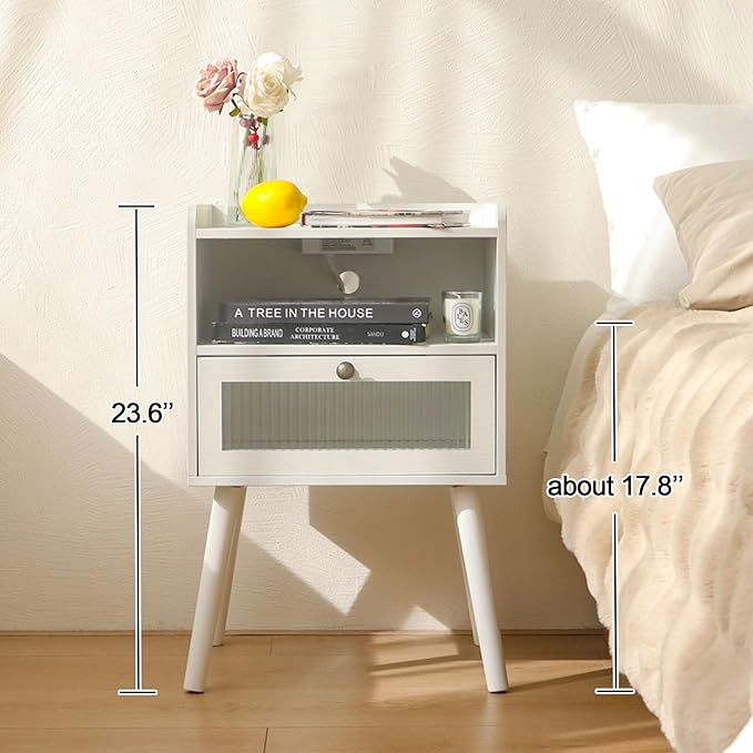 AWASEN White Nightstand with Charging Station, Modern Bedside Table with Glass - Image 3