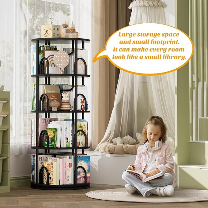 Aheaplus 4 Tier Rotating Bookshelf Tower, 360 Display Spinning Bookcase - Image 3